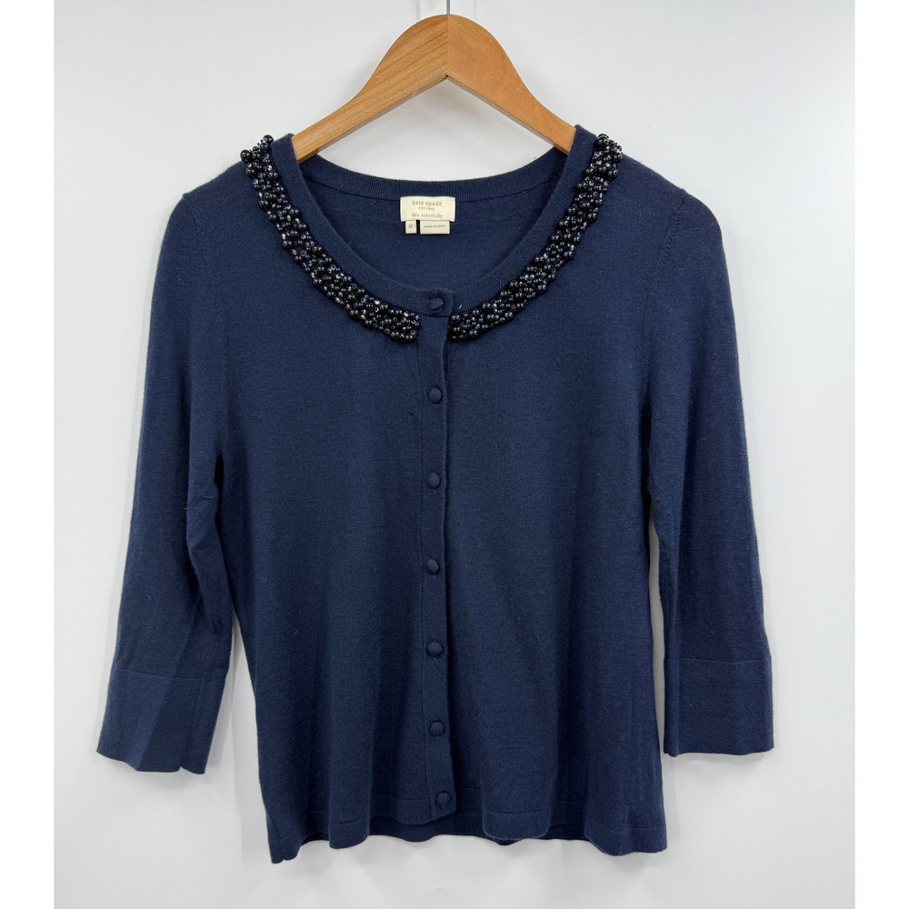 Kate Spade Navy Blue Cardigan‎ Sweater Beaded Collar Womens Wool Medium